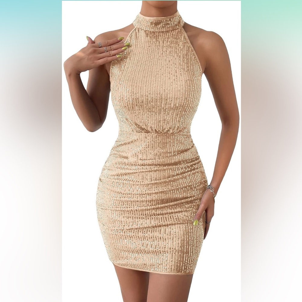 SEQUIN SPARKLY HALTER NECK MINI DRESS
